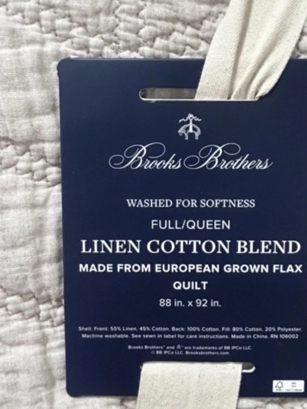 Brooks Brothers Full/Queen Linen Cotton European Grown Flax Quilt 88”x92”